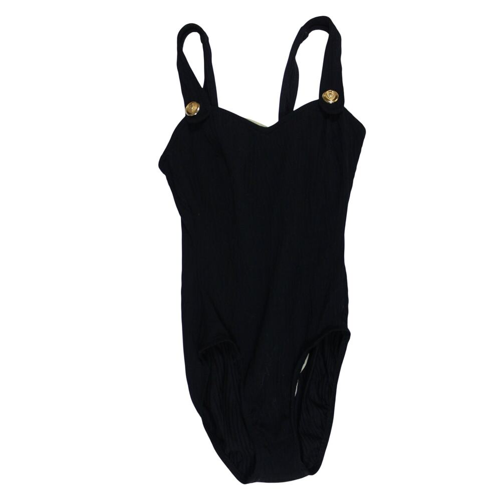 Vintage 80s 90s black swimsuit one piece ribbed textured sz 10 M L high cut